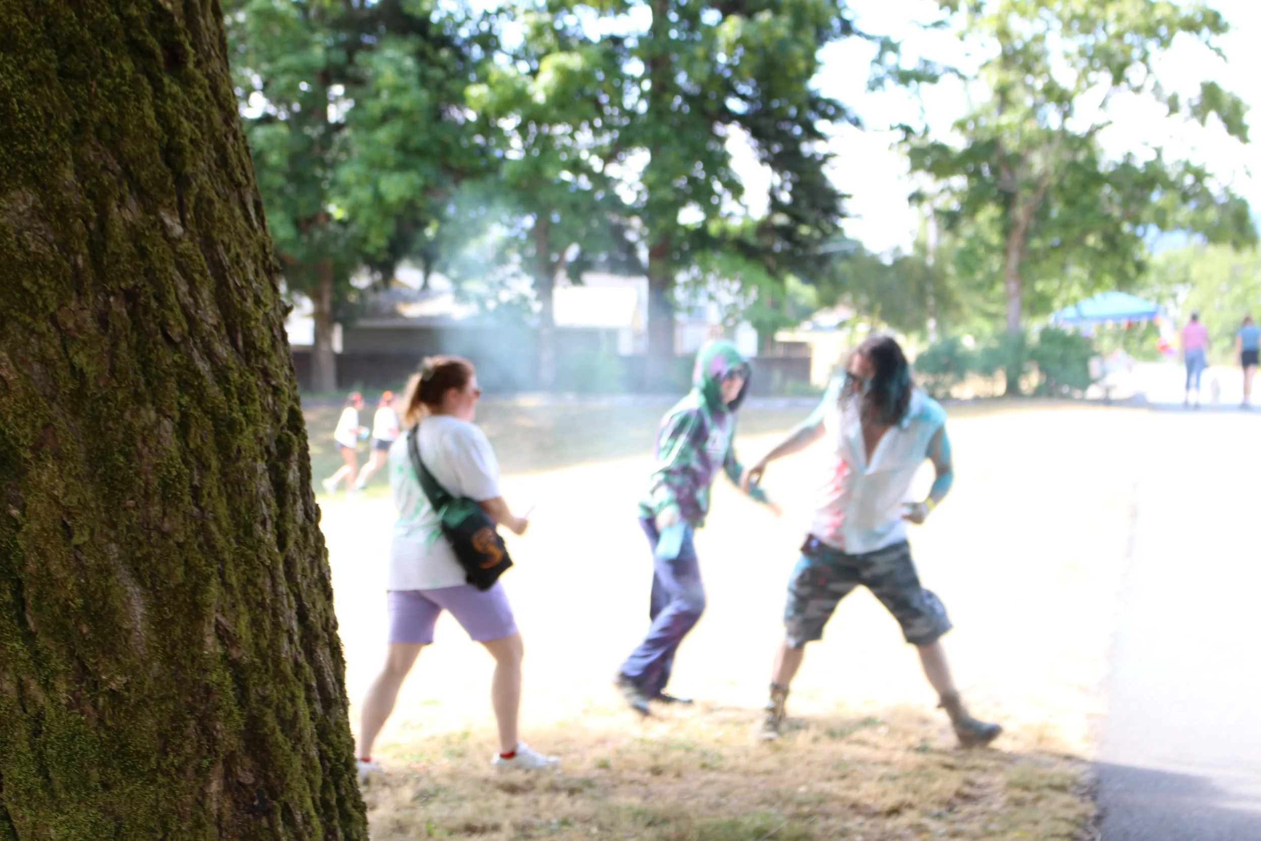 A group of people in costumes and casual clothing, some with makeup and paint, engaged in a role-playing or theatrical activity in a park with trees in the background.