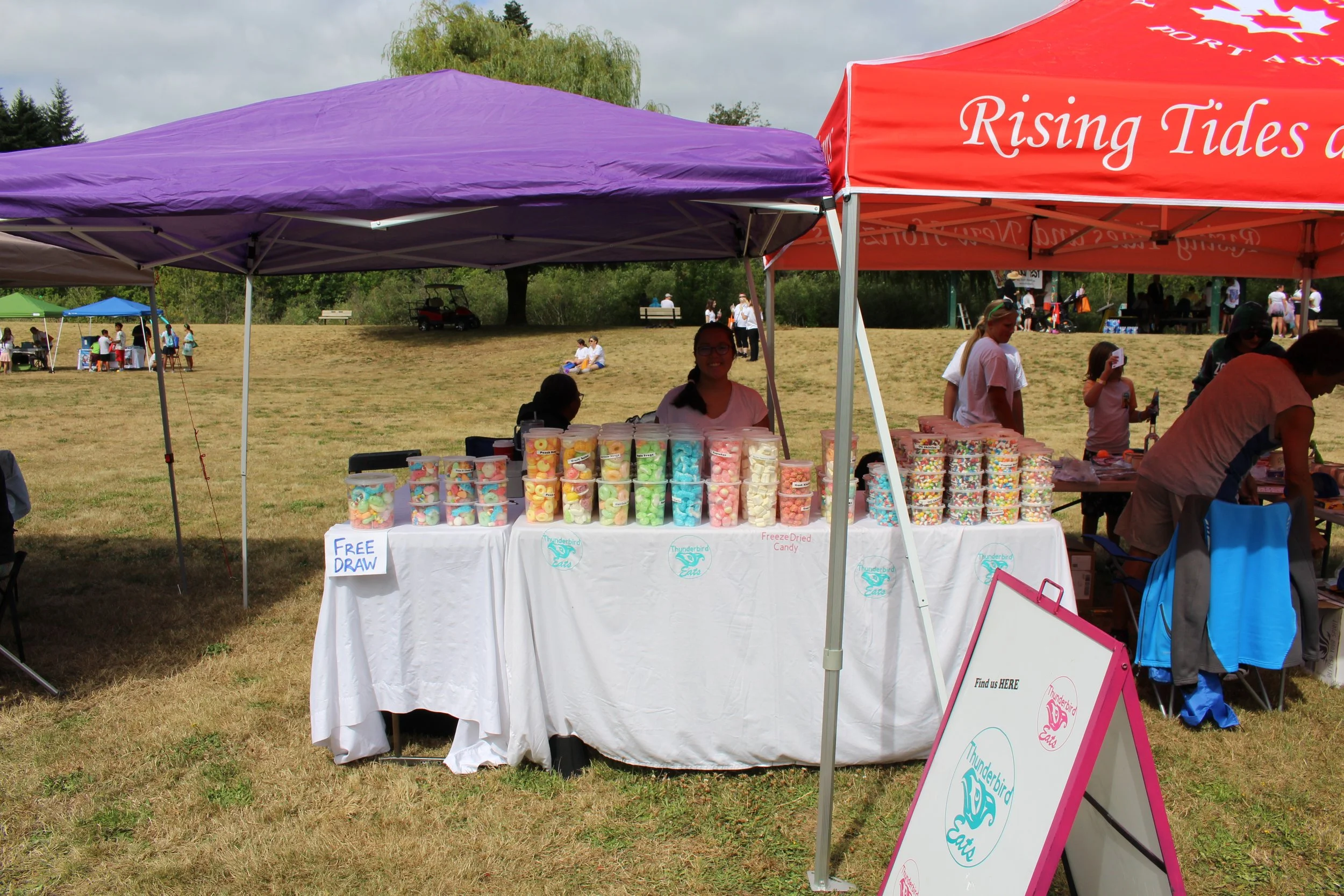 Market stall selling colorful cotton candy at an outdoor event, with purple and red tents and people in the background.