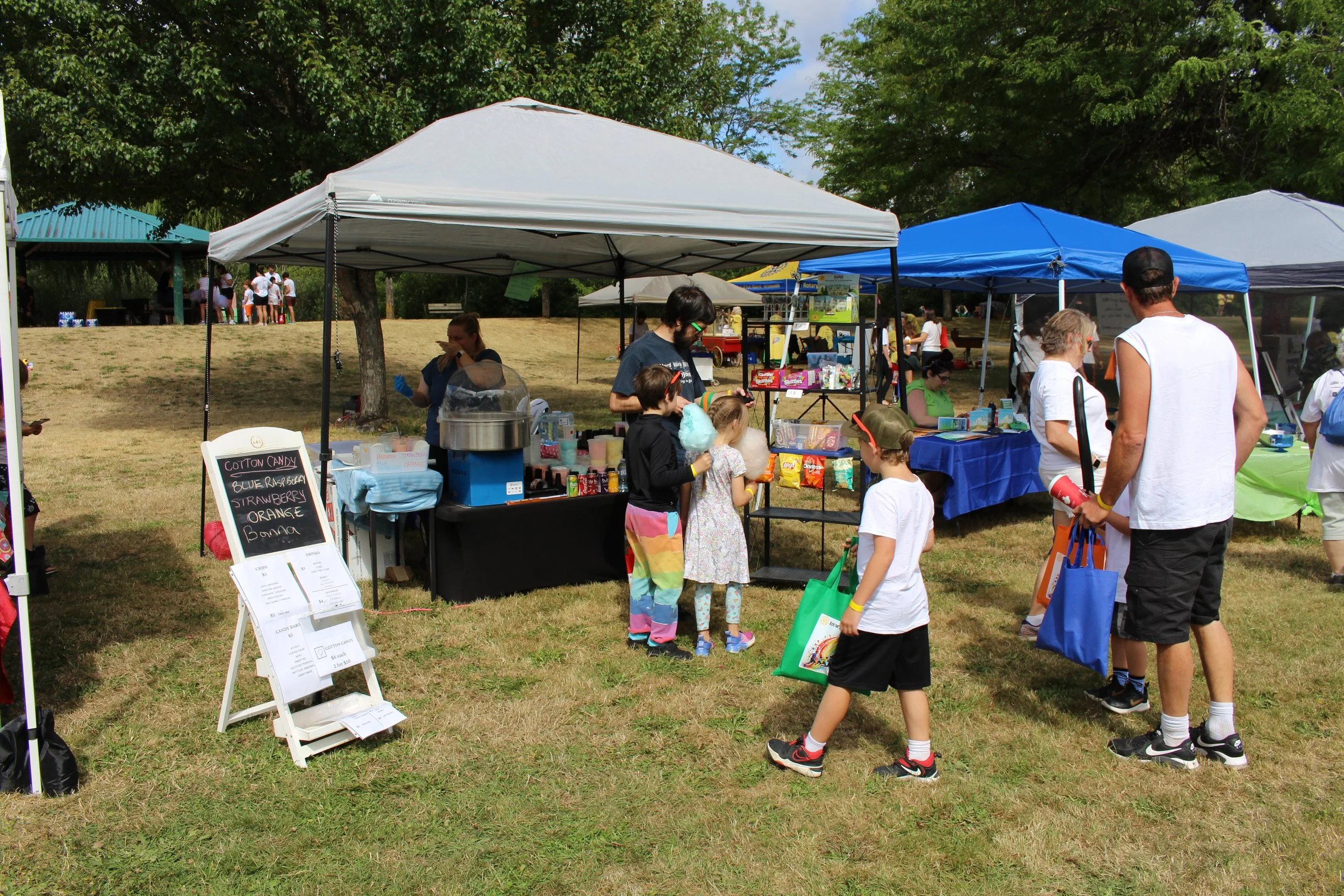 People at an outdoor event standing in front of various vendor booths on grass under tents, with trees in the background.
