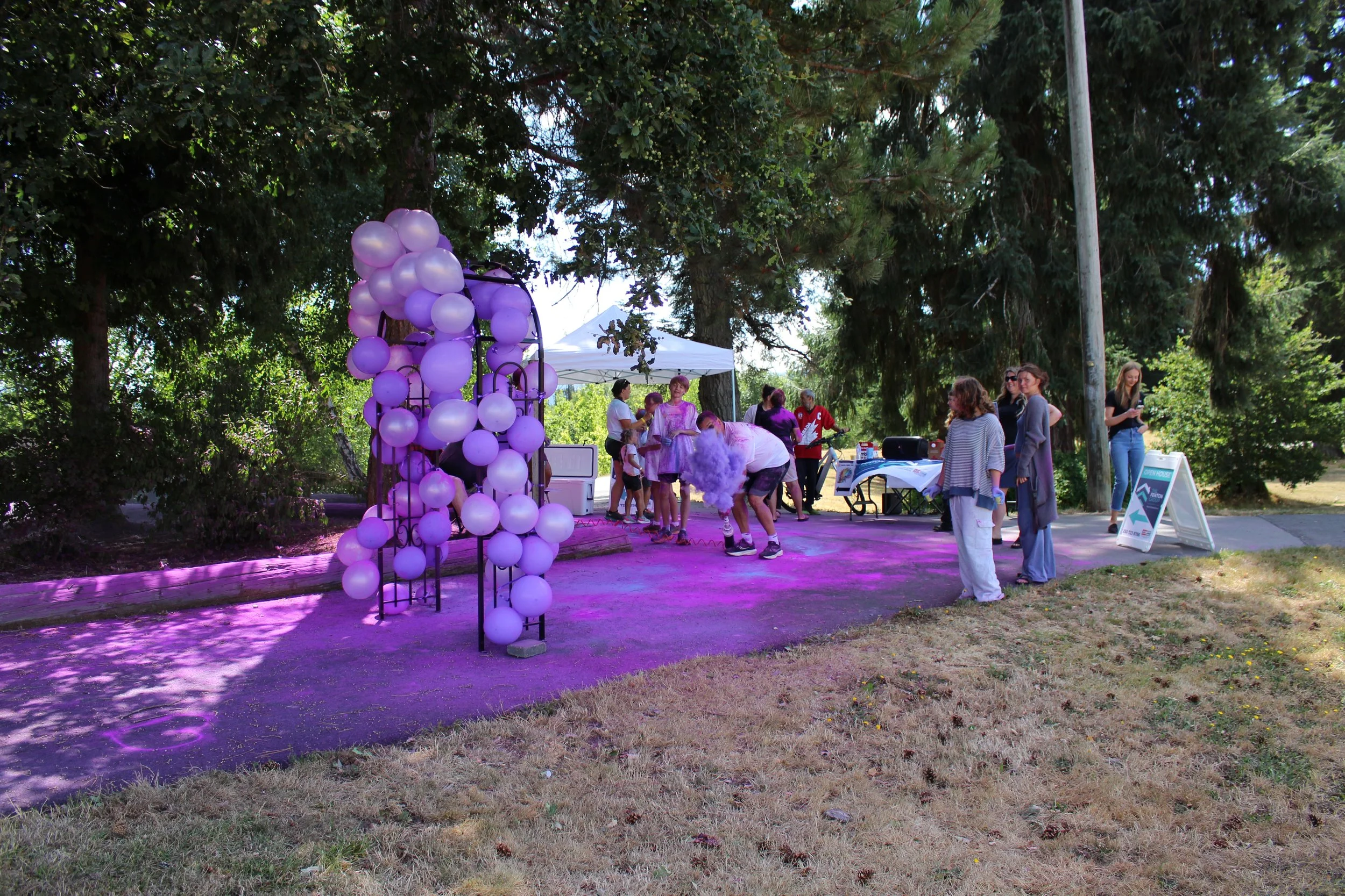 Outdoor gathering with people, purple balloon decoration, white tent, and pink lighting on the ground amidst trees