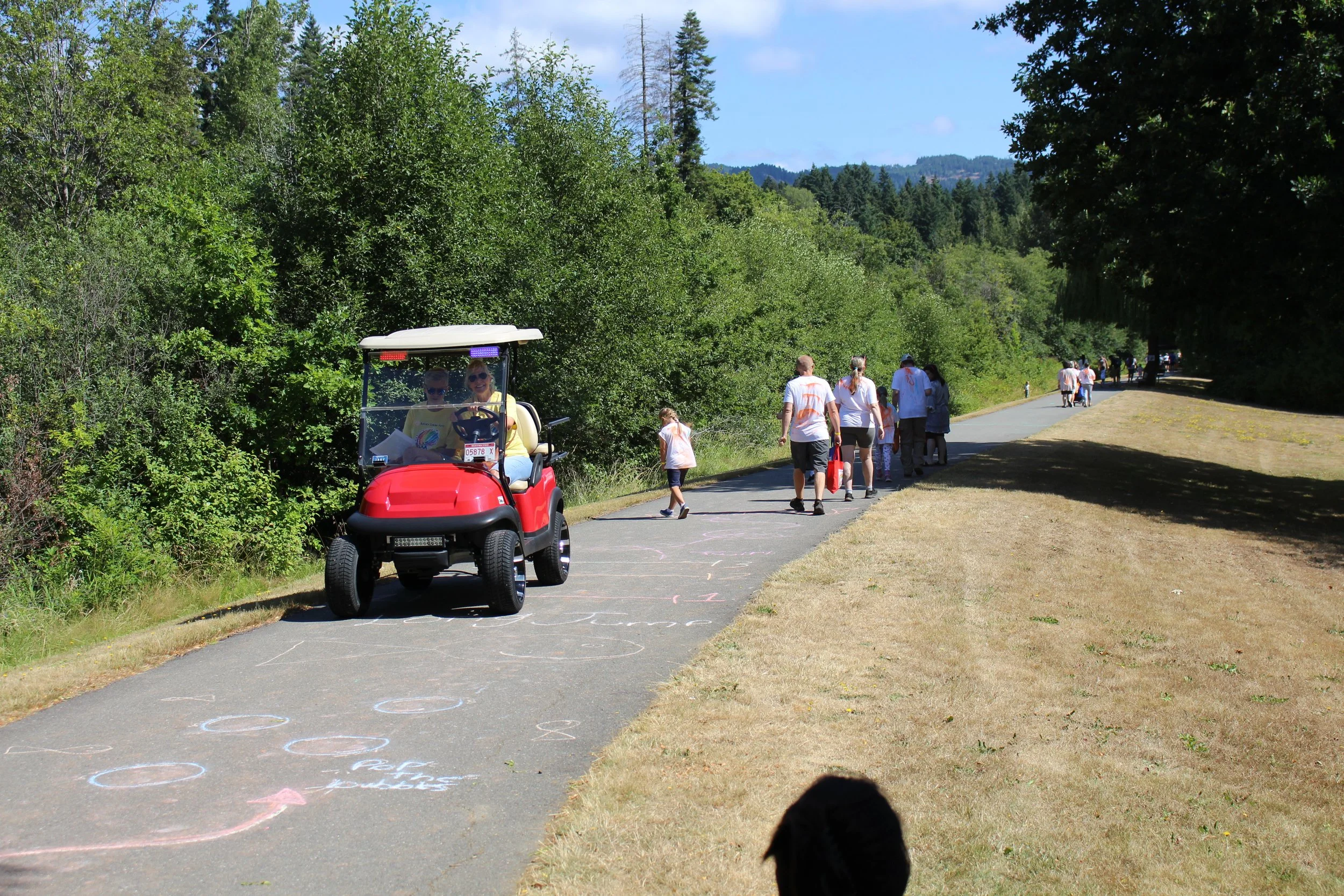 A group of people walking on a paved path in a park, with chalk drawings on the ground and a red golf cart parked beside the path. Green trees and hills are in the background.