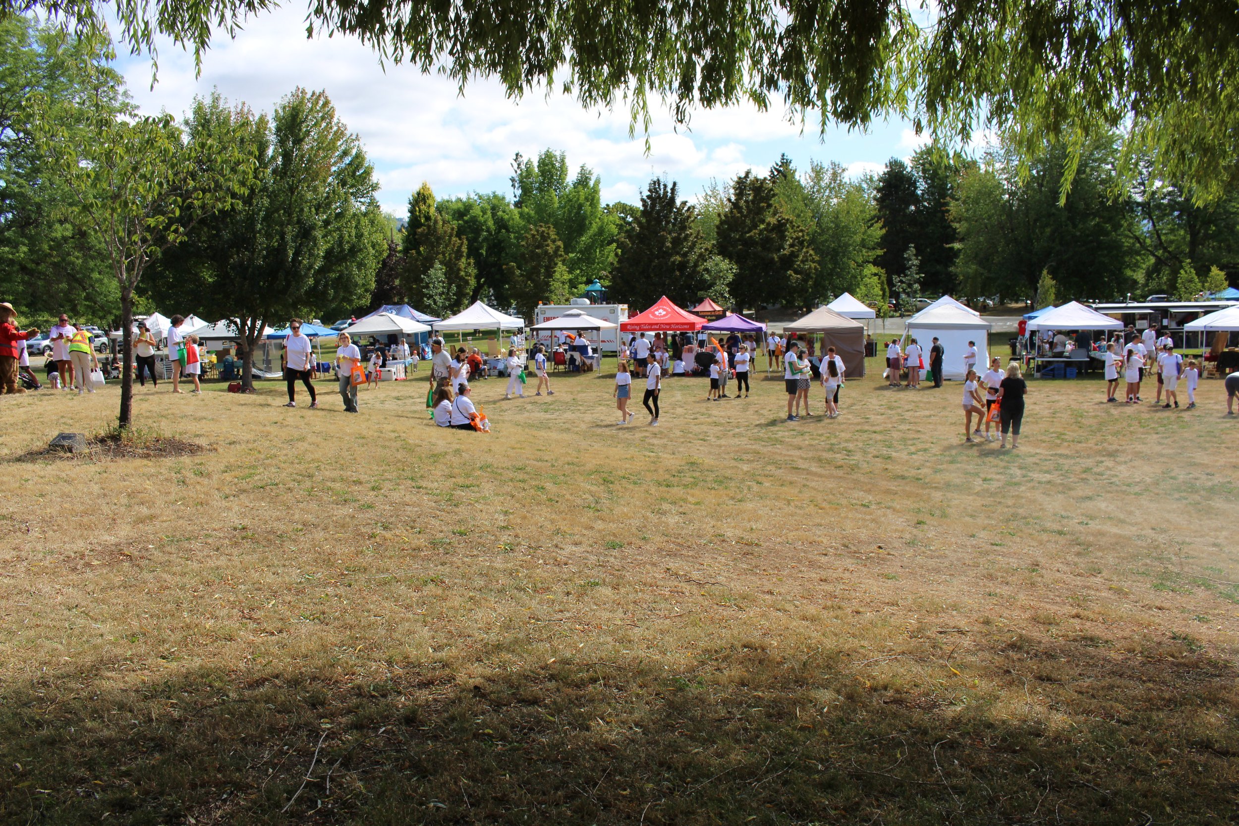 People attending an outdoor event with tents and booths in a park on a partly cloudy day, viewed through tree branches.
