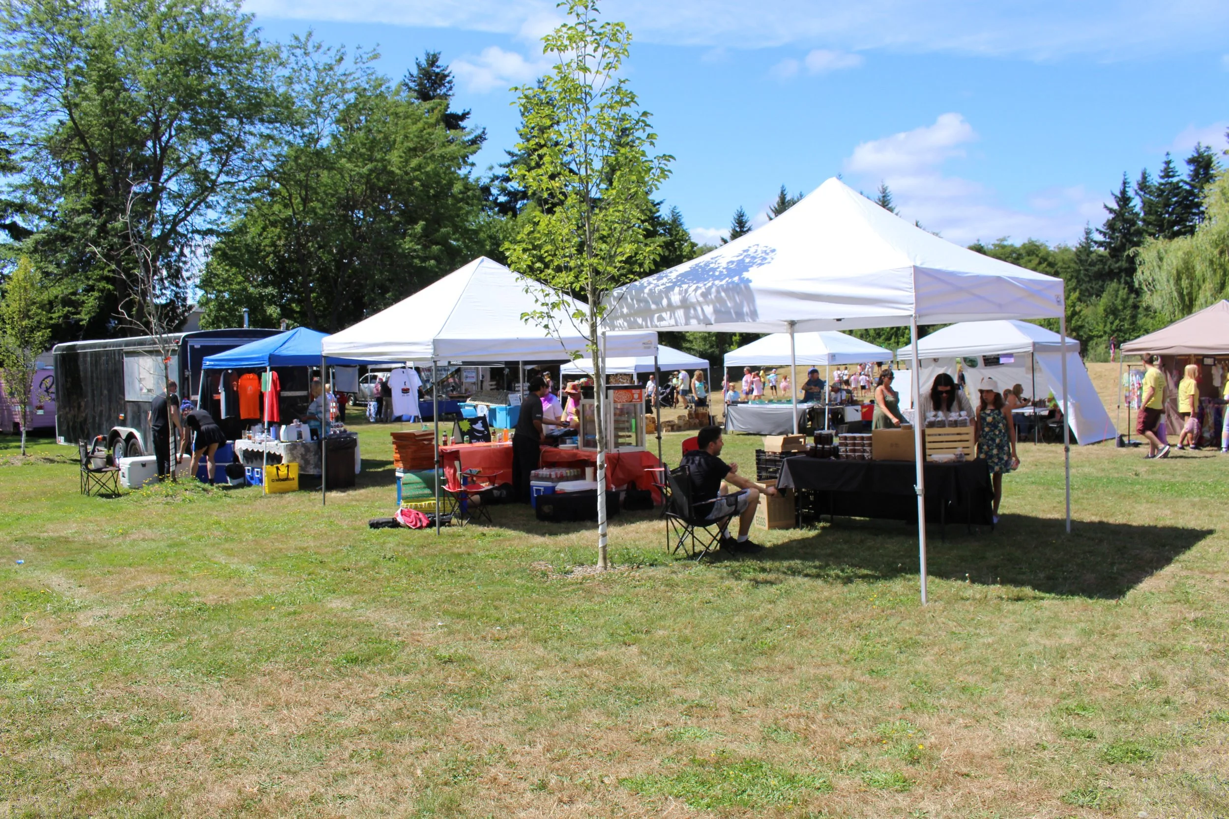 Outdoor market with multiple white tents and vendors, green grass, trees, and people browsing and shopping on a sunny day.