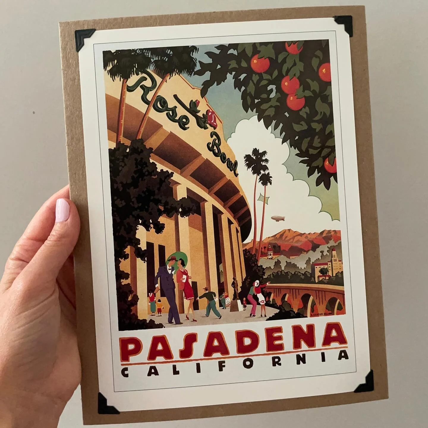 Kenton Nelson&rsquo;s Pasadena Rose Bowl petite poster is perfect for a small room or space. It measures 10 1/4 x 7 1/4 inches, and can easily be mounted on mat board and popped in a standard 11 x 14 picture frame or vintage frame for an added bit of