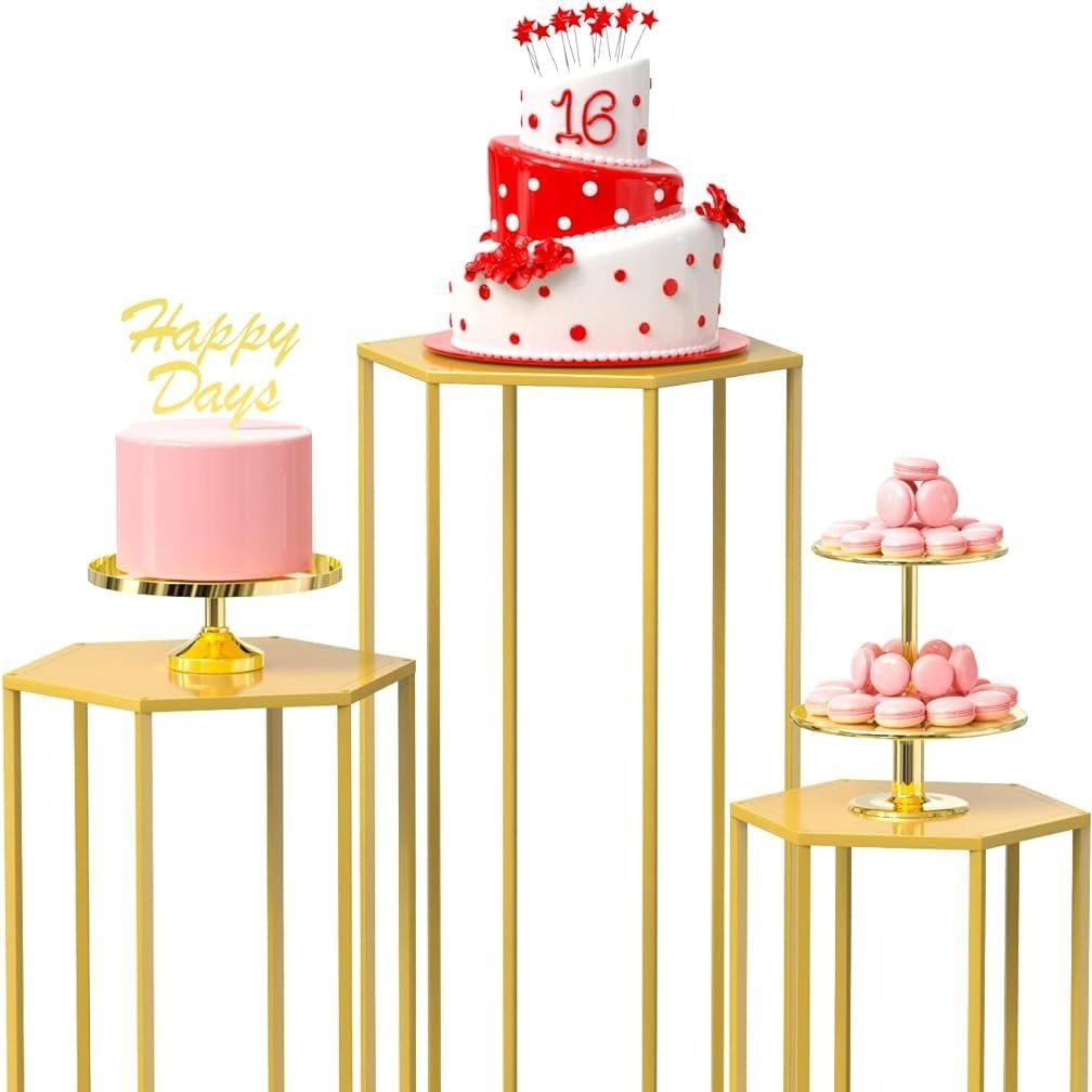 Gold Hexagon Cake Pedestal Stands - 3 Pcs