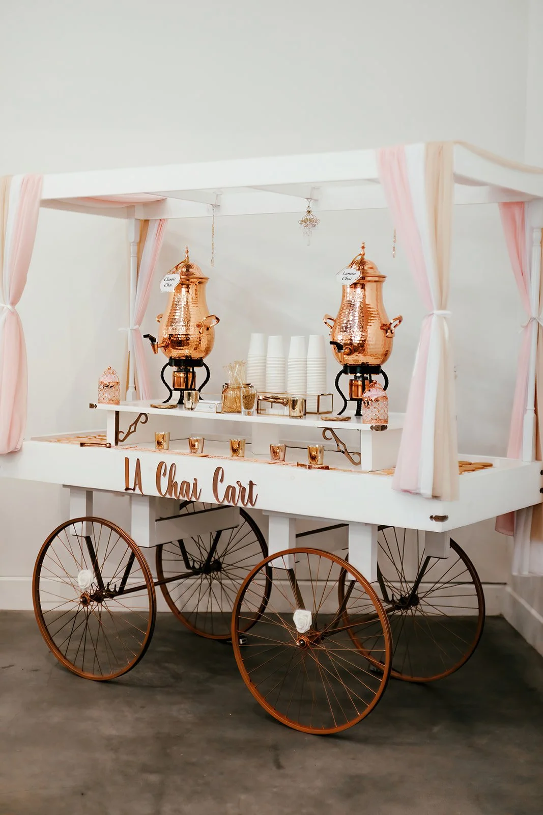 Elegant tea bar at high-end baby shower at Fullerton Arboretum — Luxury event photographer Tesla Rae Photo based in Southern California