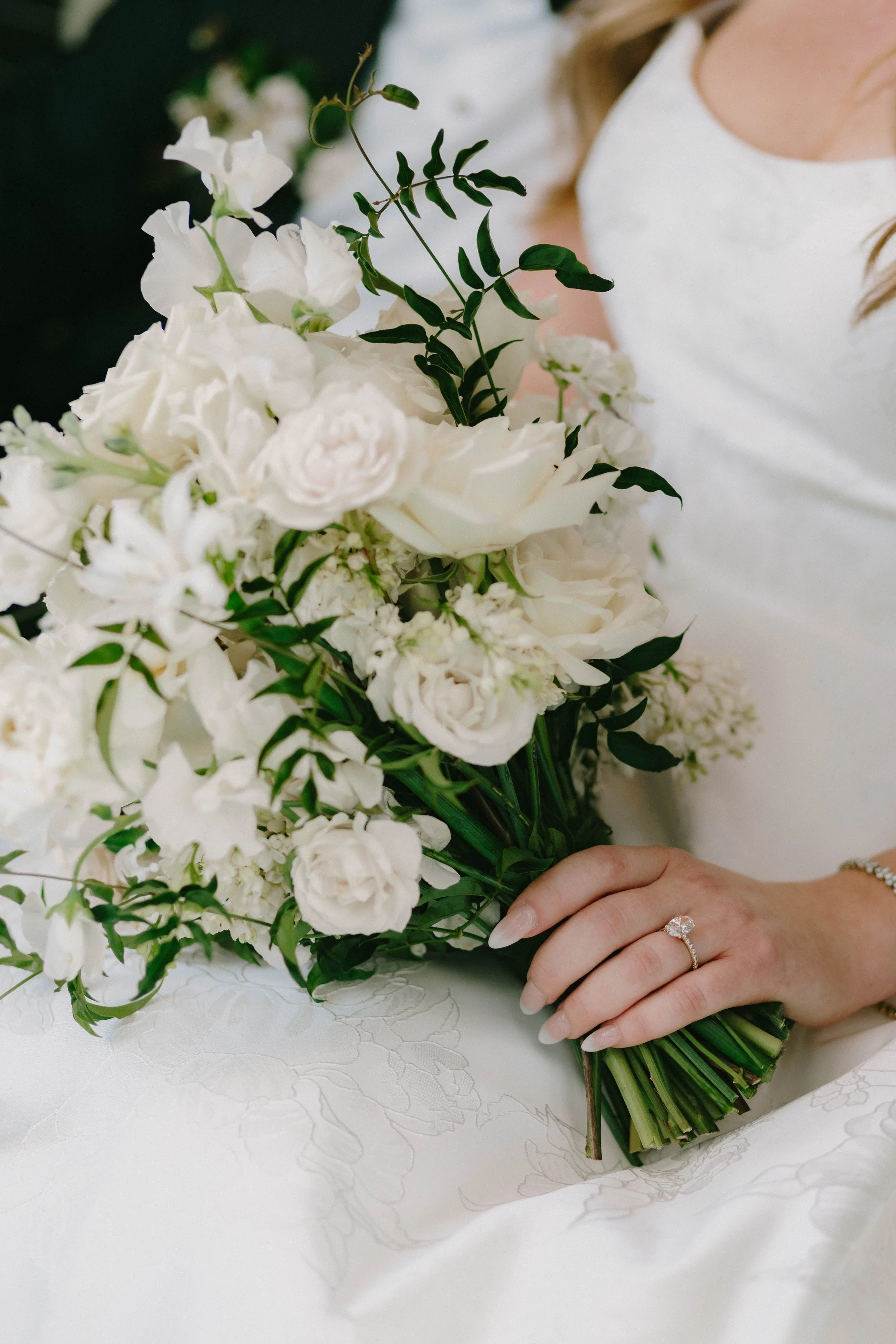 Detail shot of bride holding wedding bouquet at Fairmont Breakers Hotel in Long Beach — Southern California wedding photographer Tesla Rae Photo based in Huntington Beach