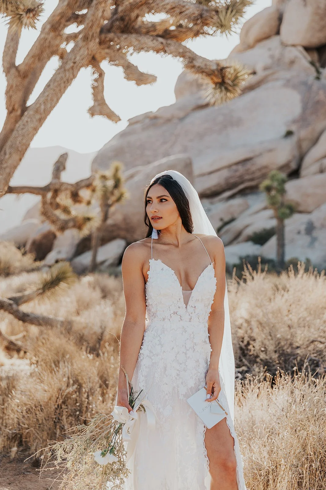 Bridal portrait in a desert landscape with Joshua trees and mountains in the background. Destination wedding with Elopement photographer.