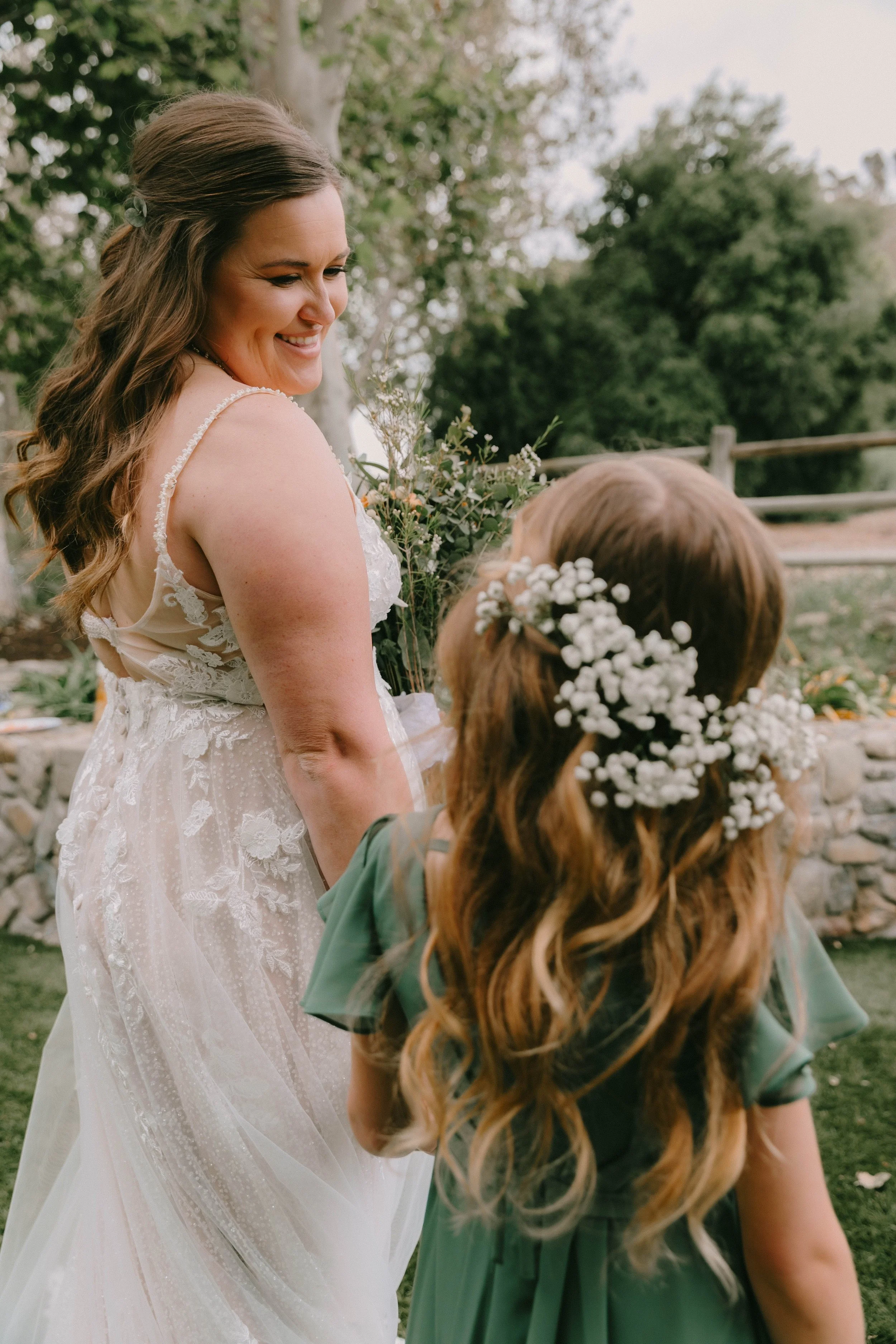 Bride portrait with flower girl in the orange groves at Santiago Oaks Regional Park in Orange, CA — Southern California wedding photographer Tesla Rae Photo based in Huntington Beach