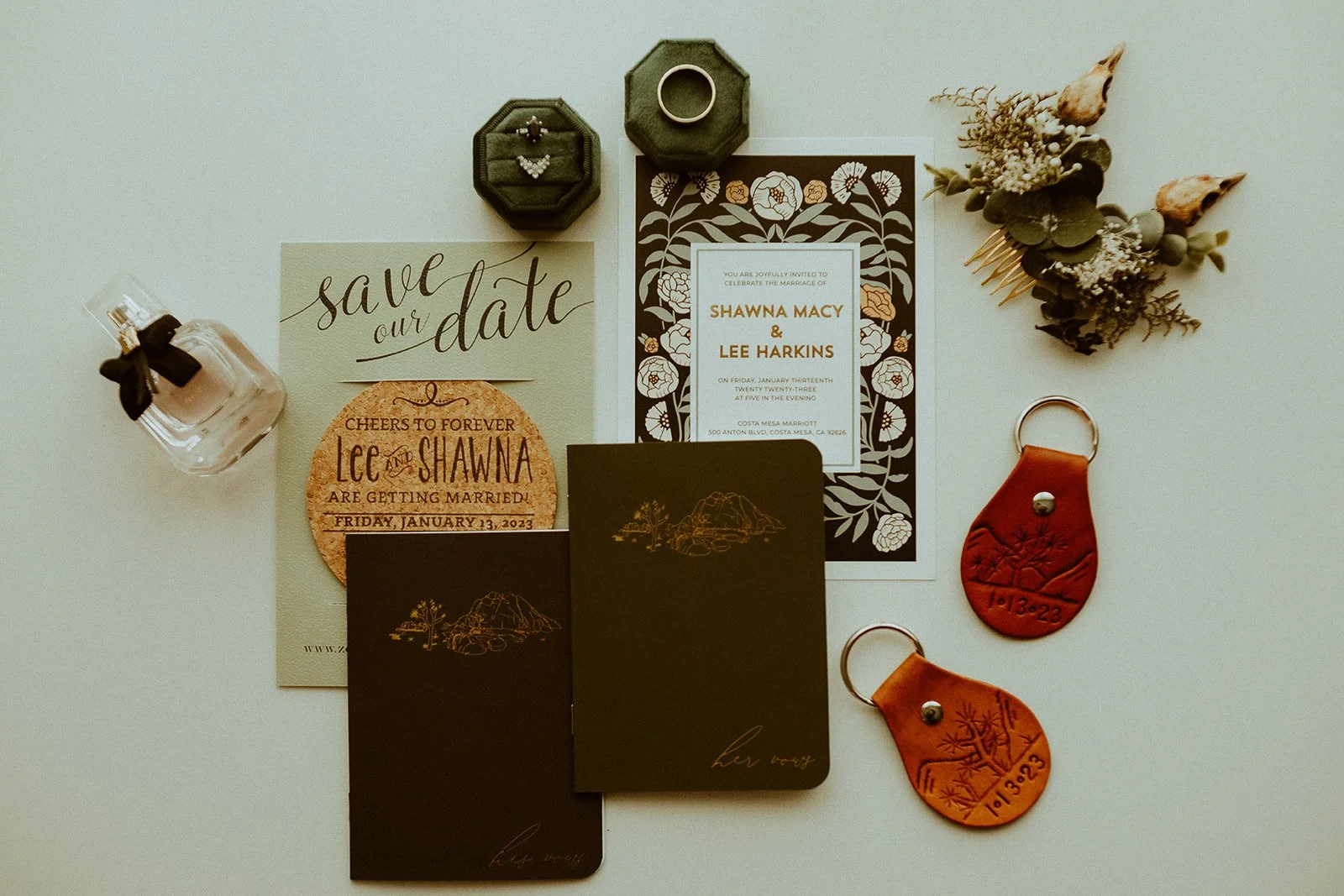 Wedding flat lay details from Orange County wedding photographer Tesla Rae