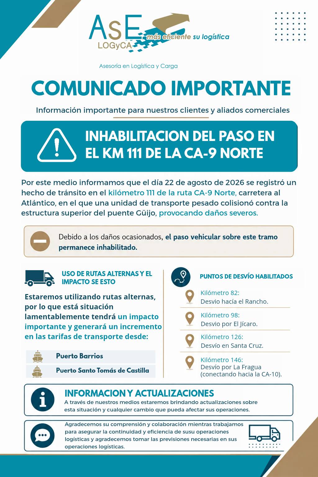 Comunicado Oficial: Inhabilitación del paso vehicular en el Km 111 de la Ruta CA-9 Norte (Puente Güijo)
