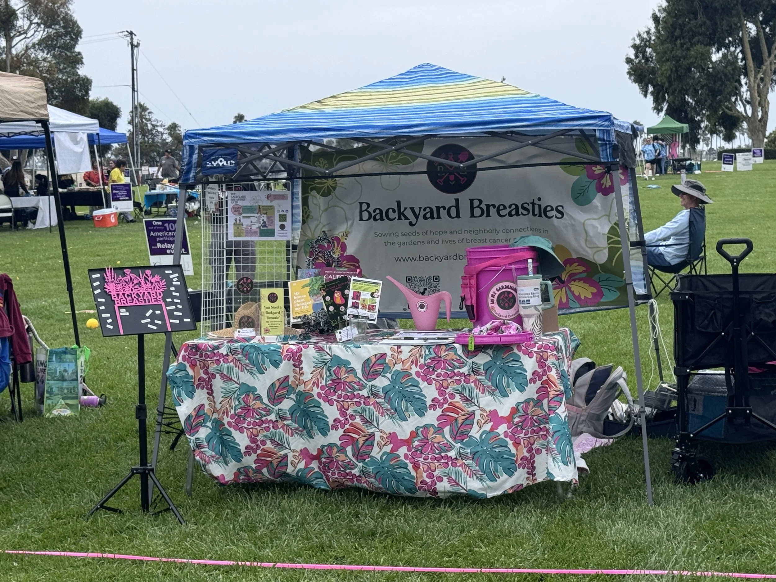 A Backyard Breastie booth at an outdoor Cancer Walk event titled 'Backyard Breasties' with pink breast cancer awareness decorations, informational flyers, and a woman sitting nearby on a folding chair.