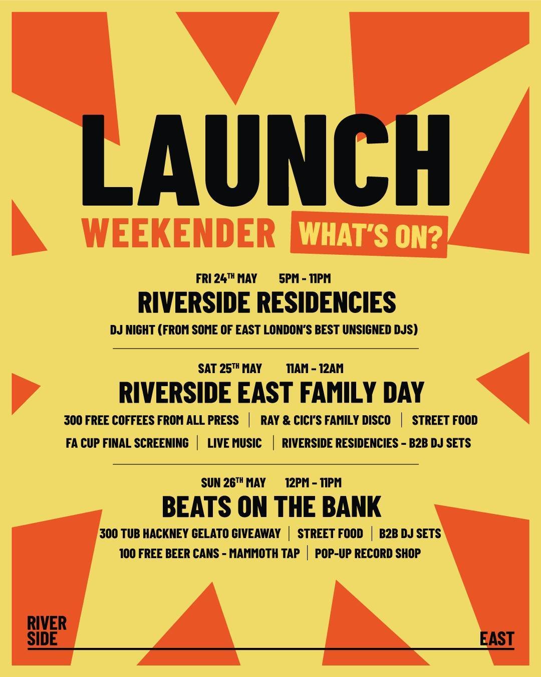 Riverside East's LAUNCH WEEKENDER... coming soon.

From free coffees, an FA Cup screening, kid's bubble party and free beer to live sets by the kings of the UK Reggae scene @earlgateshead and @tennyson_goulbourne, it's going to be a weekend to rememb