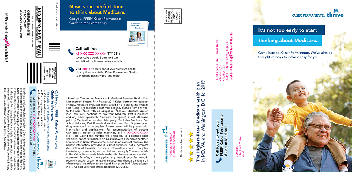 1. Kaiser Permanente Direct Mailer, for Hero Marketing... I would be given one version and then create an additional 15-20 versions (for other states) complete with BRC's and Outer Envelopes