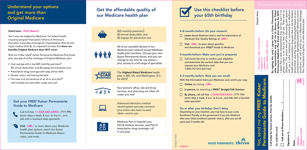2. Kaiser Permanente Direct Mailer, for Hero Marketing... I would be given one version and then create an additional 15-20 versions (for other states) complete with BRC's and Outer Envelopes