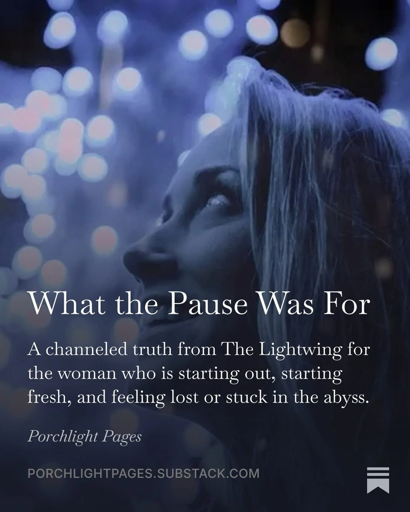 The Lightwing had a Divine Timing Check for the woman who is starting out, starting fresh, and feeling stuck in a long pause: right now you need rest more than you need creativity or work.

The full channeled message is in my latest essay on Porchlig