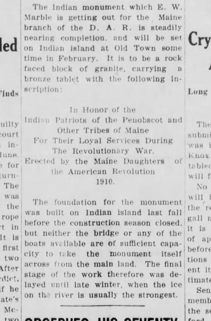 newspaper clipping noting "In Honor of the Indian Patriots of the Penobscot and Other Tribes of Maine For their loyal services during the Revolutionary War. Erected by the Maine Daughters of the American Revolution 1910"