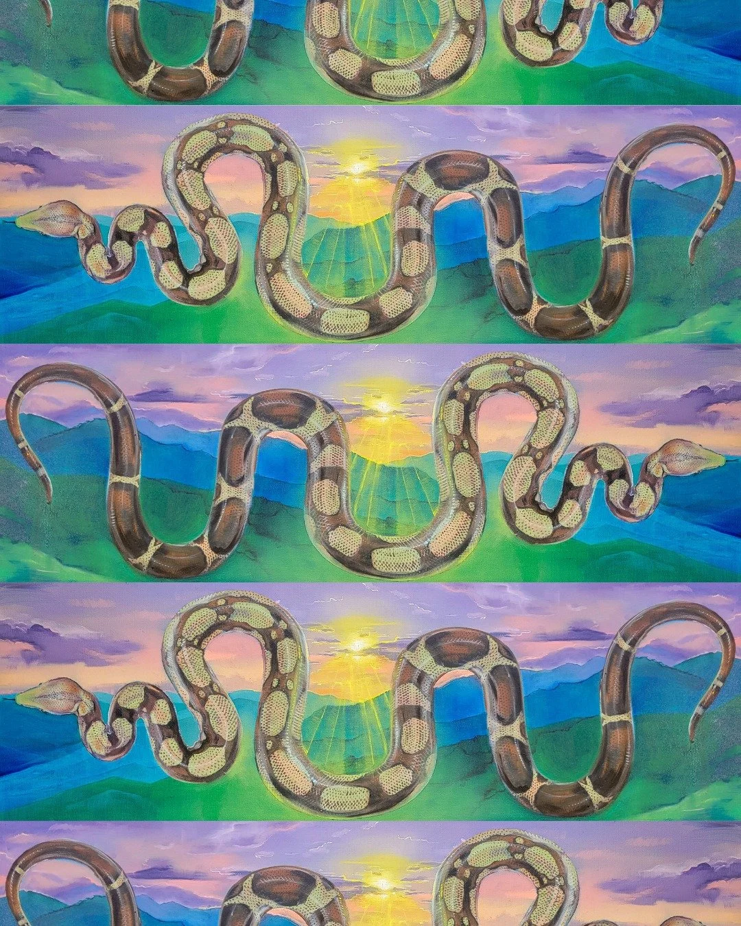 Skydancer
12&quot;x36&quot;
Oil on canvas (💚Available)

This painting imagines a snake set against the backdrop of a sunset. I was drawn to the contrast. The grounded, ancient presence of the snake paired with the fleeting glow of the sky. Together 