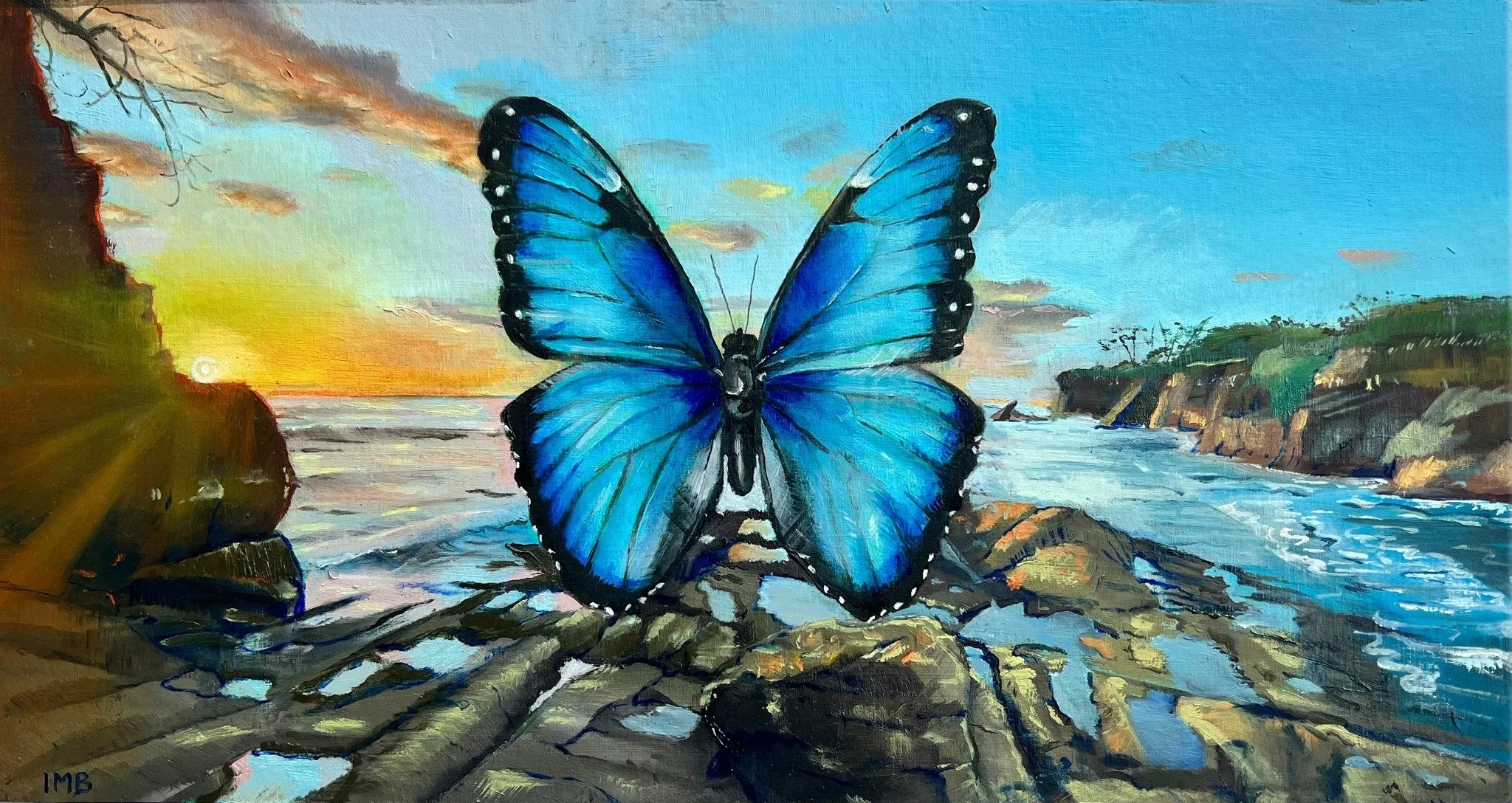 This is a painting about Love and Luck and the space in between. It's about standing still when you're in front of something beautiful so that you don't miss it. 

When Love Lines Up
6.5 x12
oil on panel
(💚Available)

#bluemorphobutterfly #butterfly