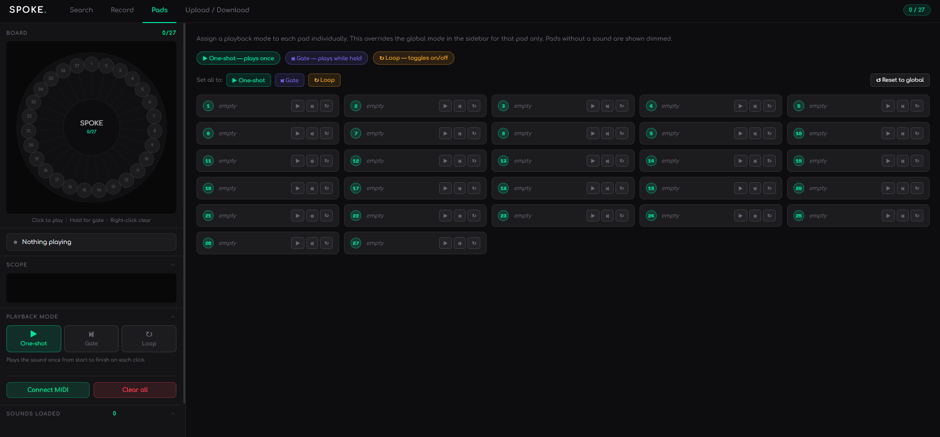 Screenshot of SPOKE electronic music sequencer interface showing a circular pad layout, various control buttons for playback modes, and multiple empty pads numbered 1 to 27.