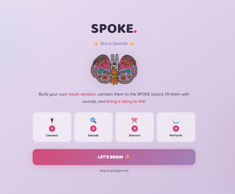 Screenshot of SPOKE app interface with purple background, butterfly illustration, and options to connect touch sensors, add sounds, use sensors, and perform. Includes a 'Let's Begin' button.