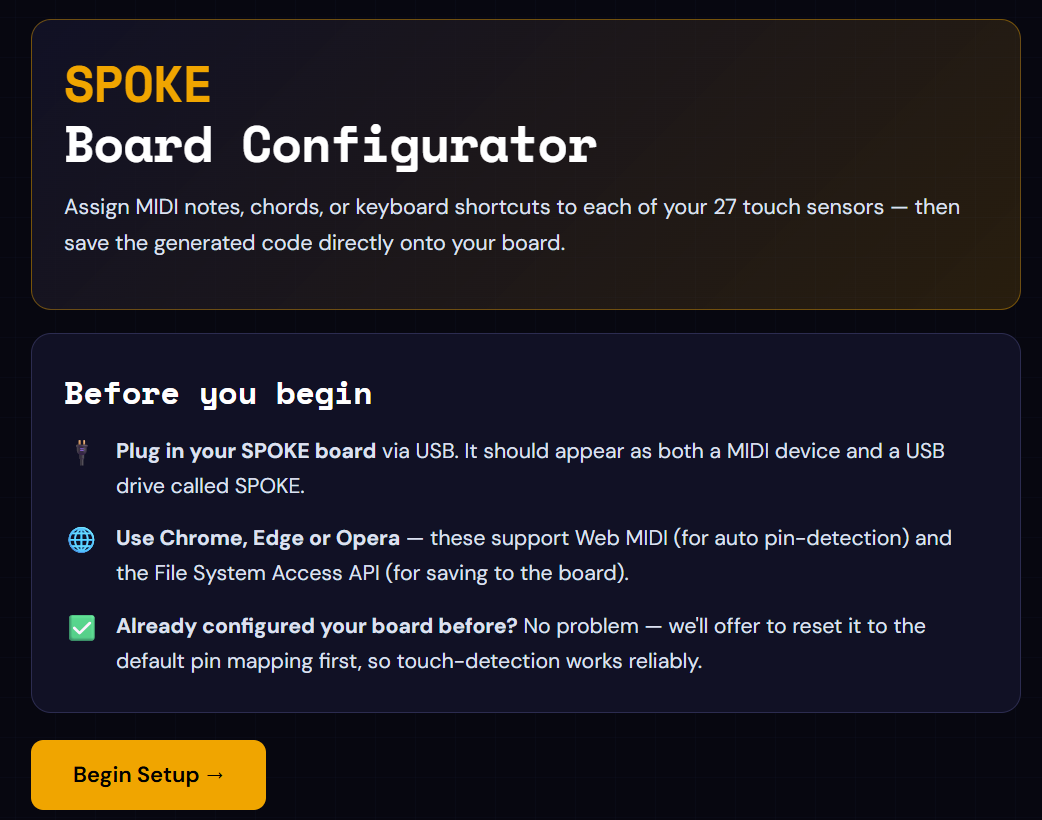 The screen shows instructions for setting up a SPOKE Board Configurator, including steps to connect the board via USB, use web browsers for configuration, and reset the board if needed, with a yellow "Begin Setup" button at the bottom.