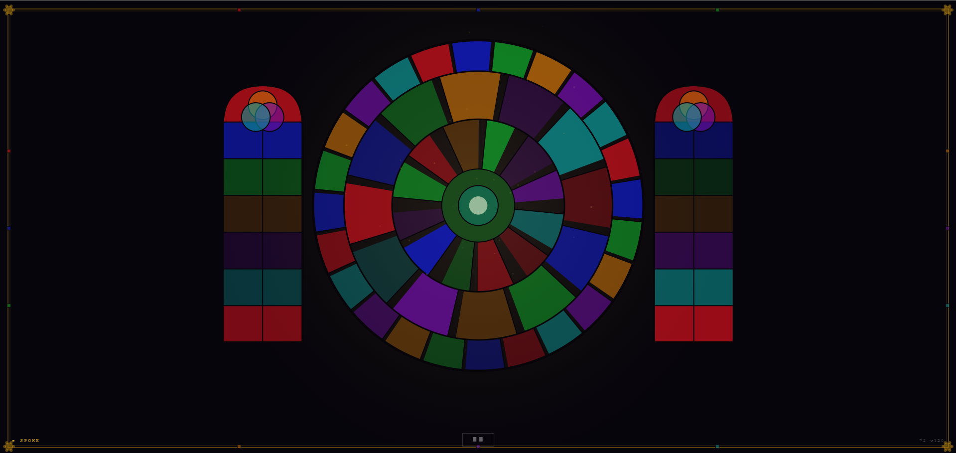 Colorful circular and rectangular shapes arranged in a geometric pattern on a black background.
