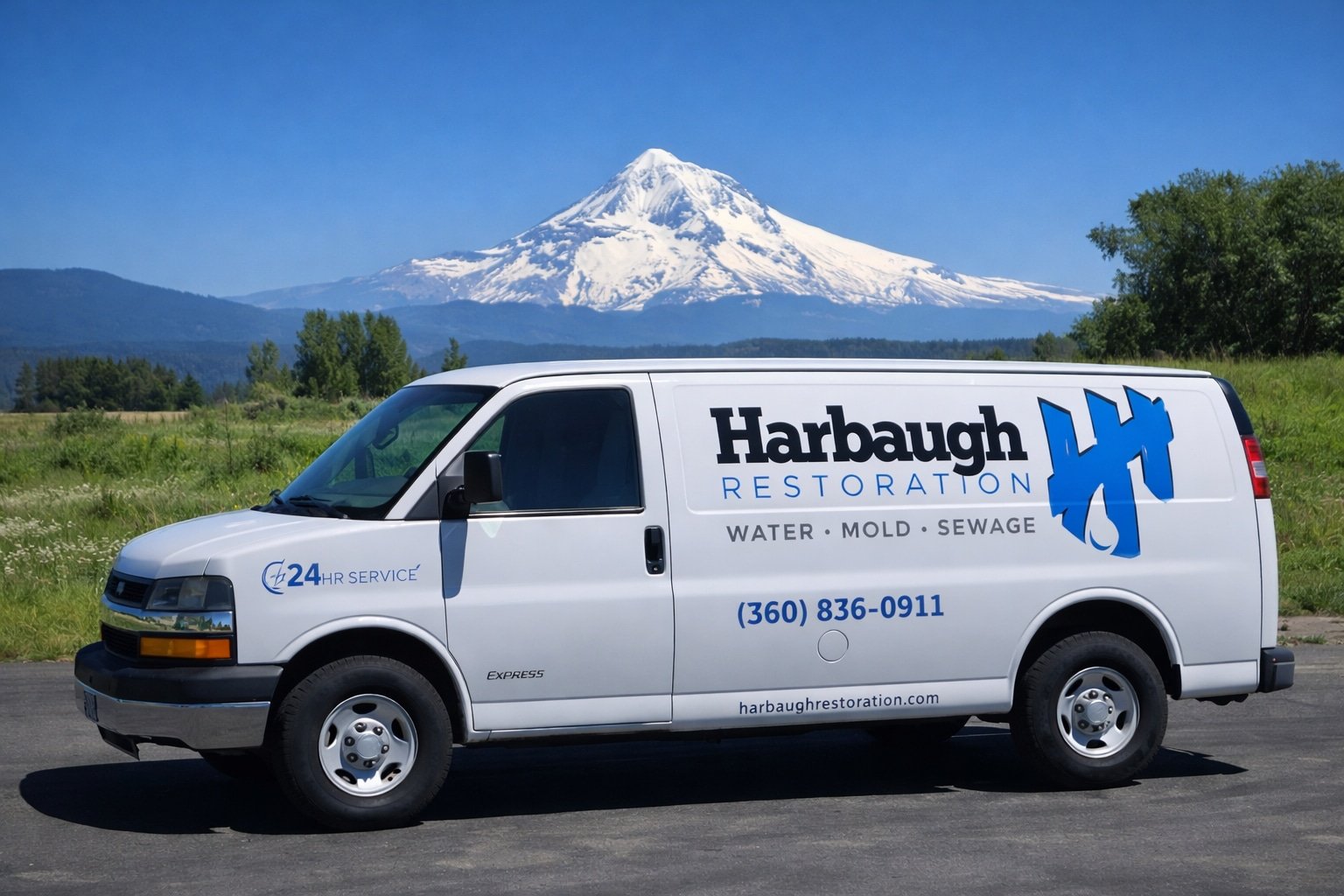 White Harbaugh Restoration van parked on pavement, with a snow-capped mountain and green landscape—water damage restoration Vancouver WA.