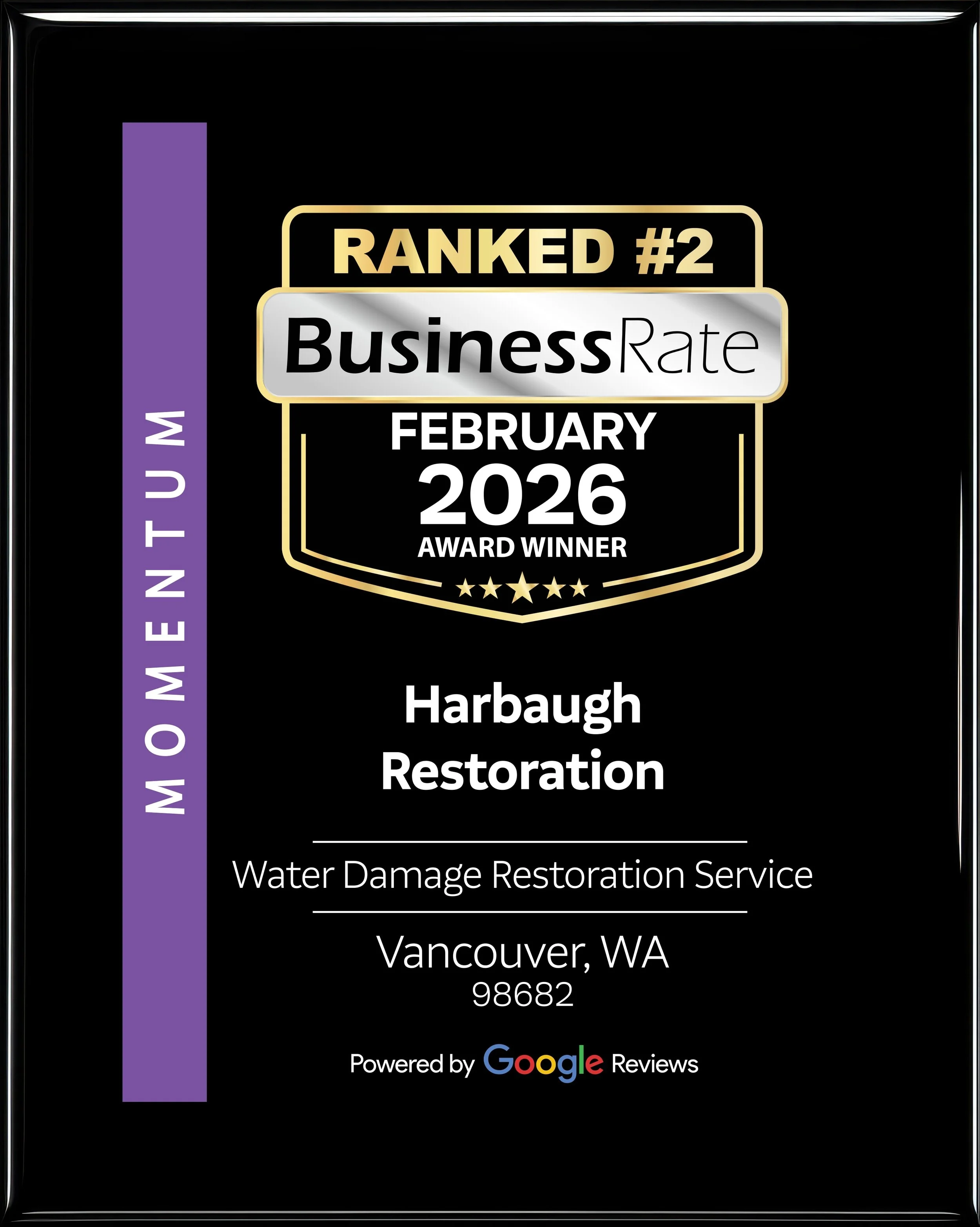 Award plaque for Harbaugh Restoration, ranked #2 best restoration company in water damage, Vancouver, WA by BusinessRate, Feb 2026.