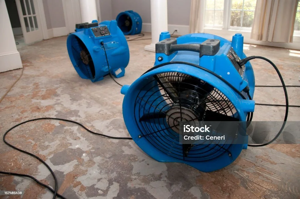 Three blue air movers drying water damage in Vancouver on a bare floor of an empty room near large windows.