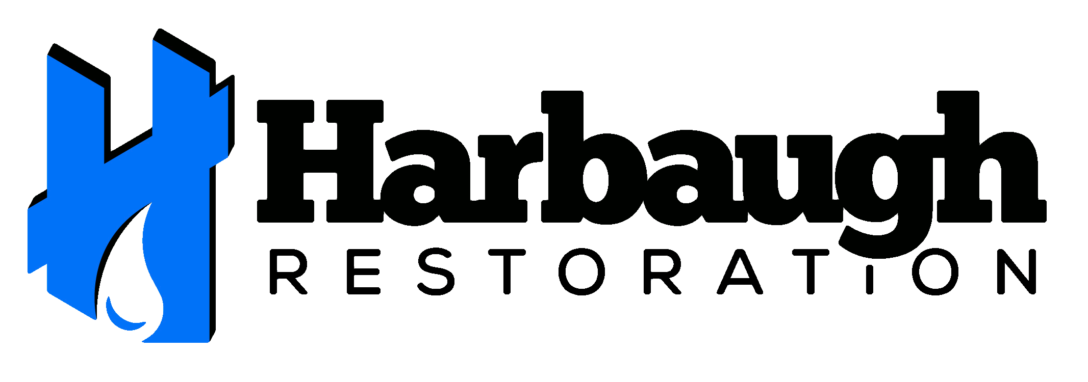 A blue stylized H with a water droplet next to the bold black text, Harbaugh Restoration.