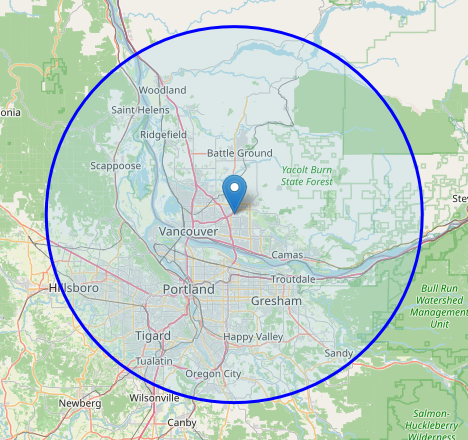 Map showing Portland, Oregon and Vancouver, WA with a blue marker and circle—our water damage restoration service area map.