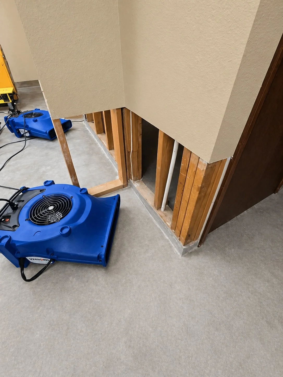 A blue drying equipment for water damage dries exposed wall studs and concrete after drywall removal in a room with gray flooring.