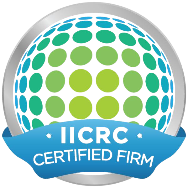 IICRC Certified Company logo features green and blue dots forming a globe with a blue banner across the bottom.