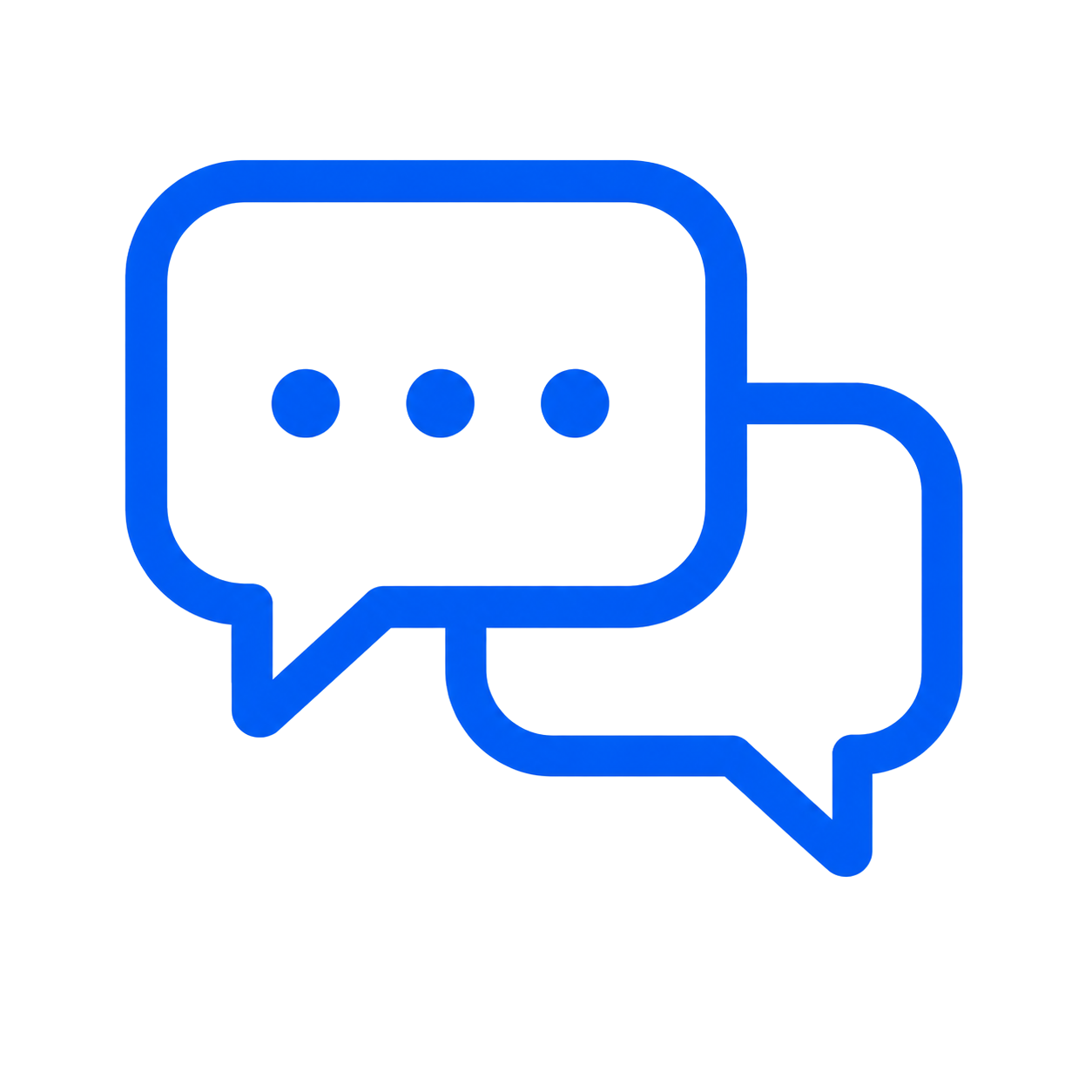 Two blue speech bubbles, one with three dots, overlap on light gray, symbolizing clear communication or messaging.