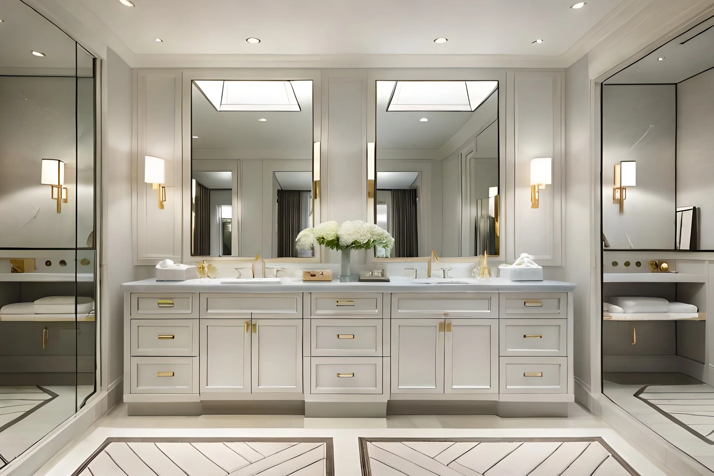 Luxury bathroom with double vanity, large mirrors, white cabinetry with gold hardware, floral arrangement, wall-mounted lights, and mirrored closet doors.
