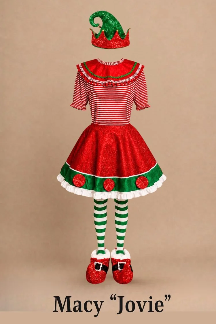 Jovie's Macy's elf costume for Elf the Musical JR featuring a red and white striped top, red skirt with green trim and felt circles, matching elf hat, and red slippers with white fur trim.