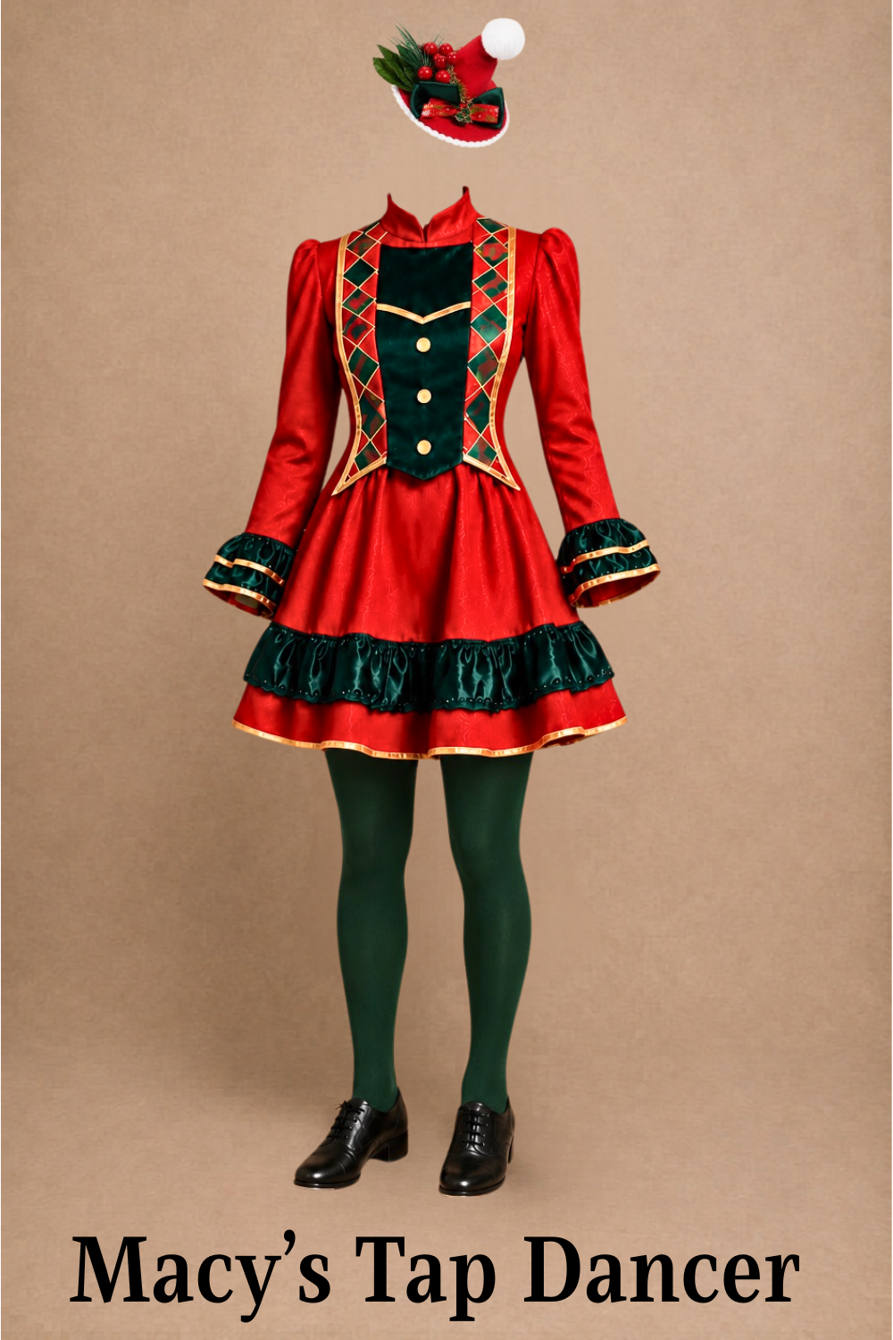 Macy's Tap Dancer costume for Elf Jr. the Musical — red and green harlequin dress with gold trim, dark green tights, black tap shoes, and Christmas mini hat with holly and berries. School theater production costume guide at sewstylestage.com