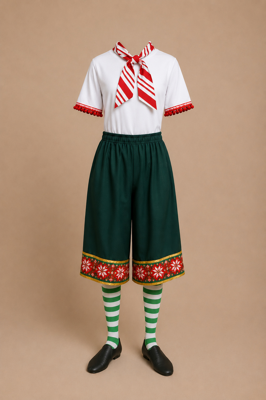 Elf Jr. the Musical costume with a white top trimmed in red pom-poms and a striped scarf, paired with dark green wide-leg pants embroidered with Christmas patterns at the hem, green and white striped tights, and black shoes. A cozy DIY workshop-elf
