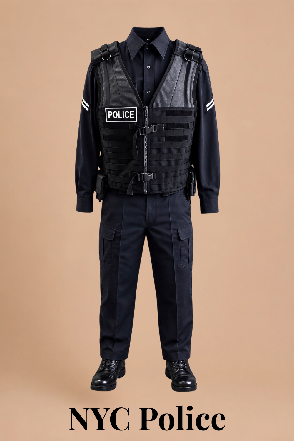 NYC police officer costume for Elf Jr. the Musical — black uniform shirt with police patches, tactical vest, black pants, and black boots. New York City character costume for school theater production.