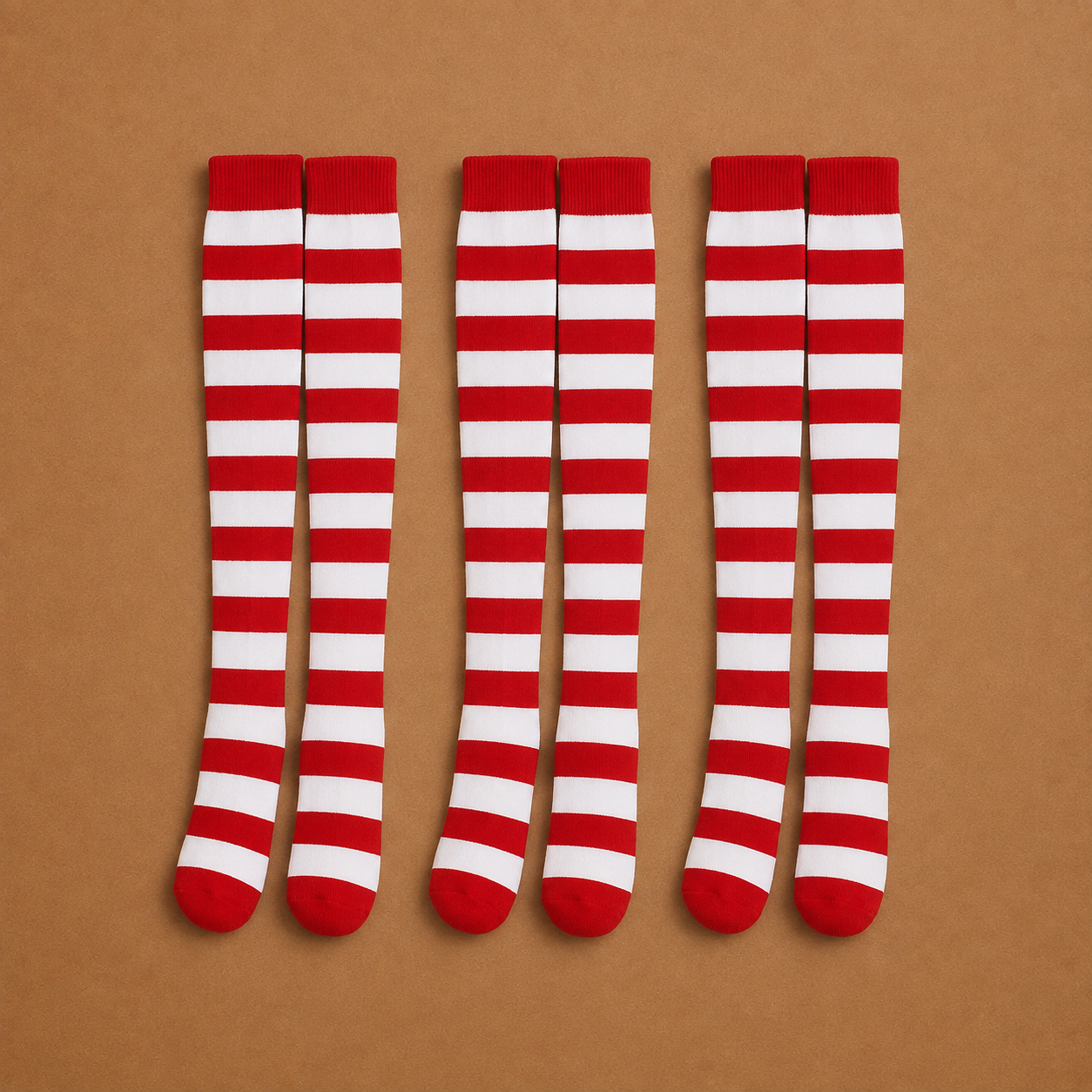 Five pairs of red and white candy-cane striped knee socks, a DIY staple for building Elf Jr. the Musical costumes. Affordable and easy to source, these striped socks complete the old-world elf look for ensemble, elf character for school theaters