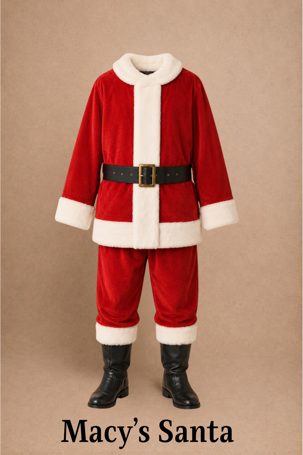 Macy's Santa costume for Elf Jr. the Musical — red velvet coat with white fur trim, matching red velvet pants, wide black belt with gold buckle, and black boots. School theater production costume.