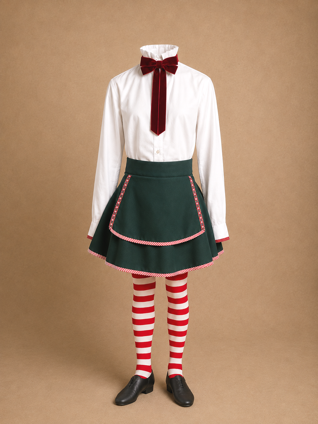 Workshop elf ensemble for Elf Jr. the Musical — white blouse with red velvet bow tie, green skirt with candy stripe trim, red and white striped tights and black shoes