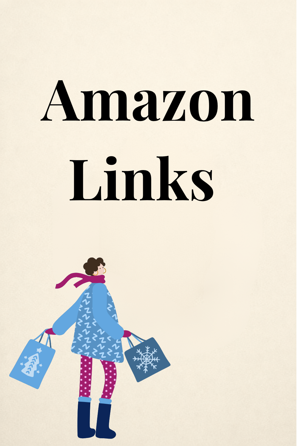 Thumbnail graphic reading "Amazon Links," illustrated with a woman in a winter coat carrying holiday-themed shopping bags. Links to a curated list of Amazon finds for building Elf Jr. the Musical costumes, from base pieces to trims and accessories.
