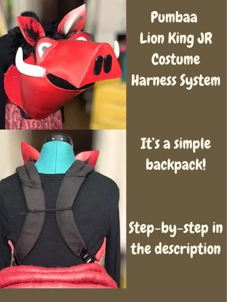 Pumbaa Costume – Puppet Construction: Handmade warthog head foam head with white horns and a backpack-style harness designed to support the foam head during a school theater performance.