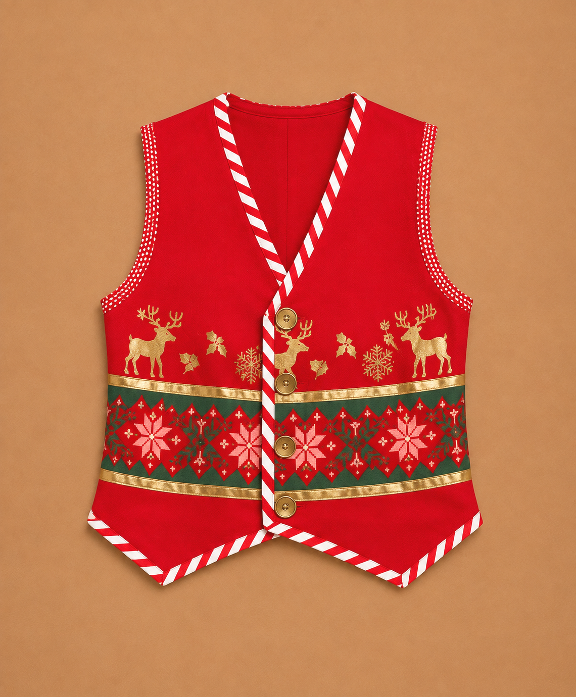Red Nordic fair-isle vest with gold reindeer and snowflake pattern trimmed with candy cane bias tape — Elf Jr. the Musical workshop elf ensemble costume piece