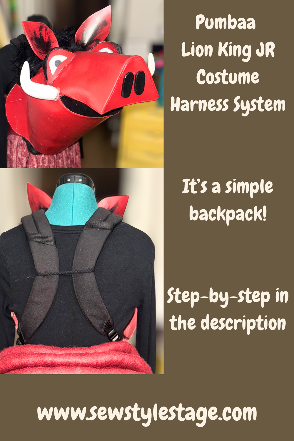 A Pumbaa Lion King JR costume harness system with a red, animal face mask and a simple backpack design on a mannequin.