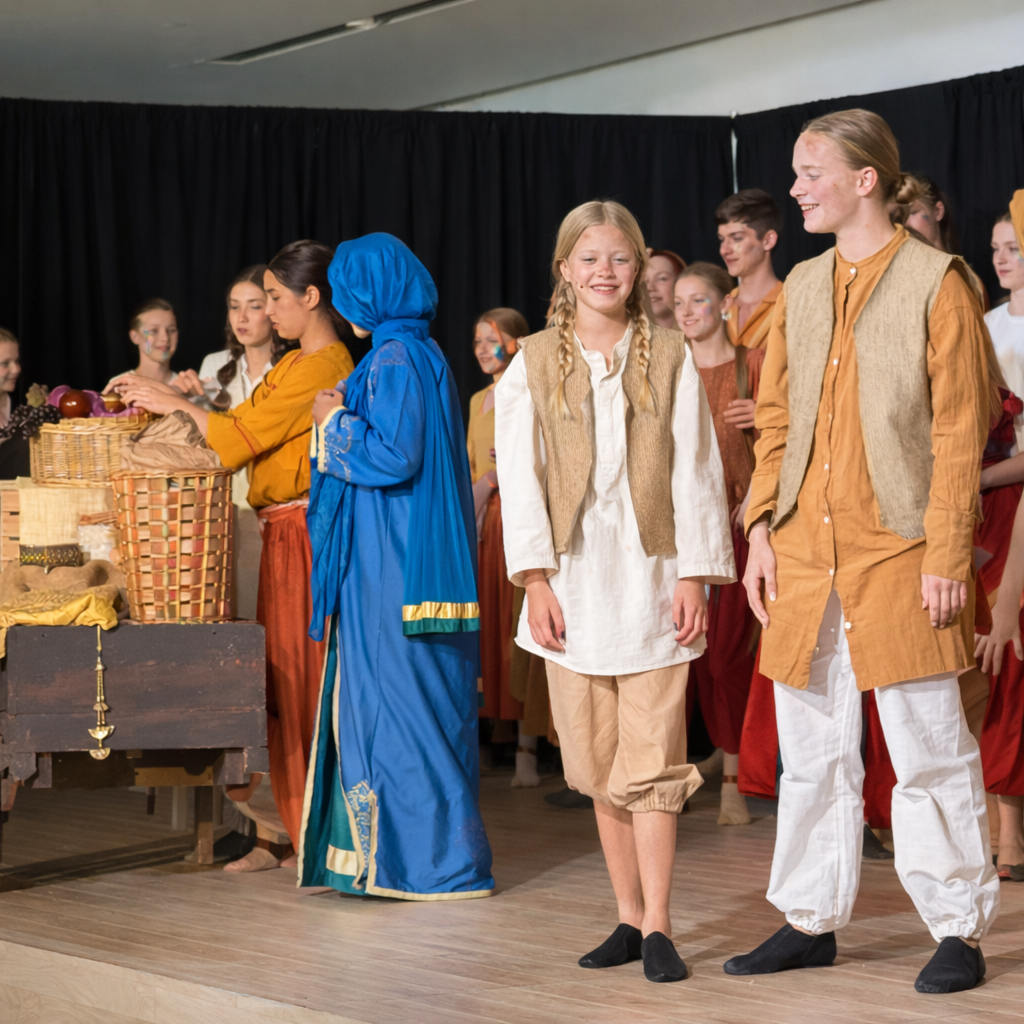 Princess Jasmine in disguise at the Agrabah market with Aladdin’s friends in Aladdin Jr, wearing a blue cloak among townspeople in a school musical scene.