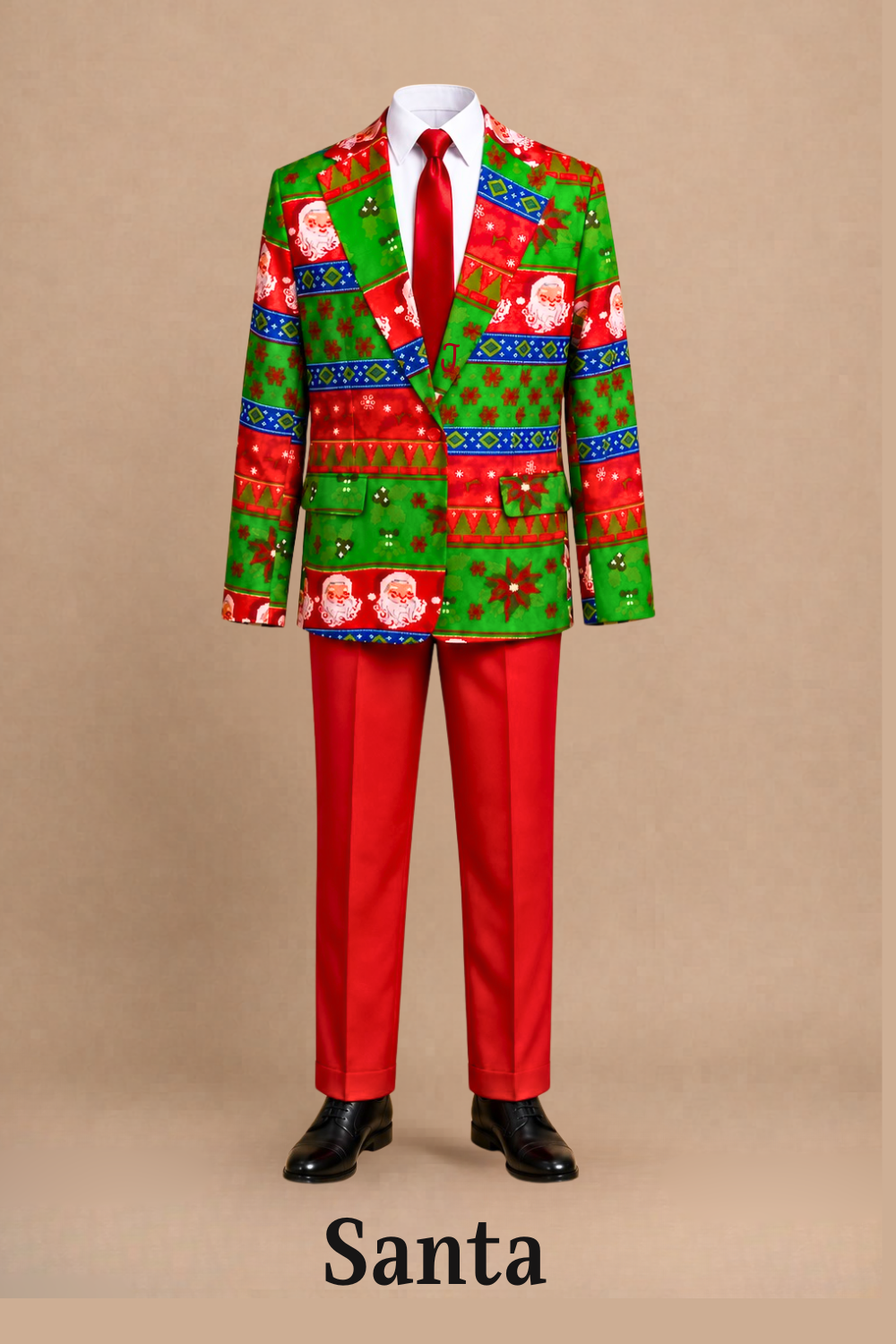 A mannequin dressed in a colorful, Christmas-themed suit with Santa Claus and holiday patterns, wearing a white shirt and a red tie, with red pants and black shoes, labeled Santa. Elf the Musical costume