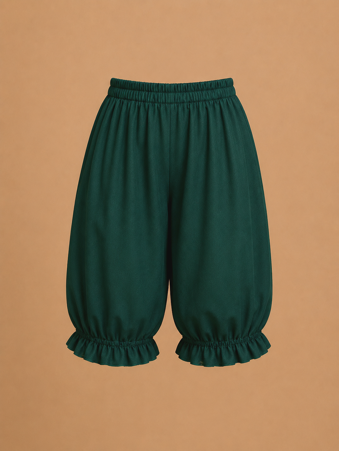 Green knicker pants with ruffled cuffs — Etsy pant pattern used for Elf Jr. the Musical workshop elf ensemble. Versatile school theater costume bottom piece